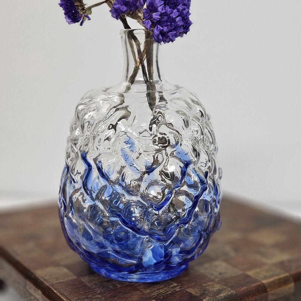 Vintage Handblown Blue & Clear Mottled Glass Vase Speckled Bubble Accent Vase